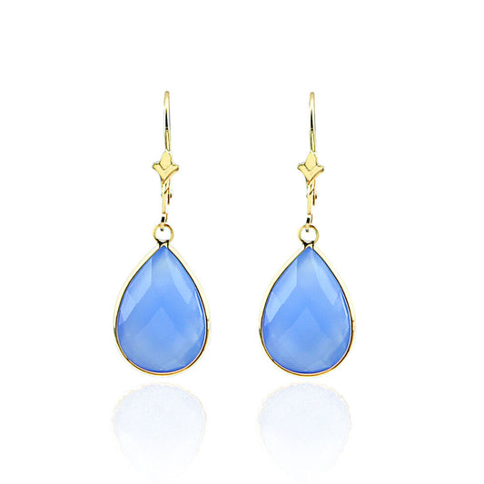 14K Yellow Gold Earrings With Blue Onyx Gemstones Pear Shaped And Faceted