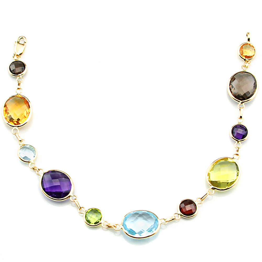 14K Yellow Gold Bracelet With Oval & Round Multi-Color Gemstones 7.5 Inches