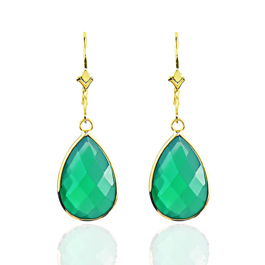 14K Yellow Gold Earrings With Green Onyx Gemstones Pear Shaped And Faceted