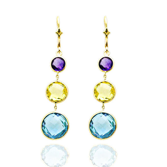 14K Yellow Gold Multi-Colored Round Cut Gemstones Dangling Earrings