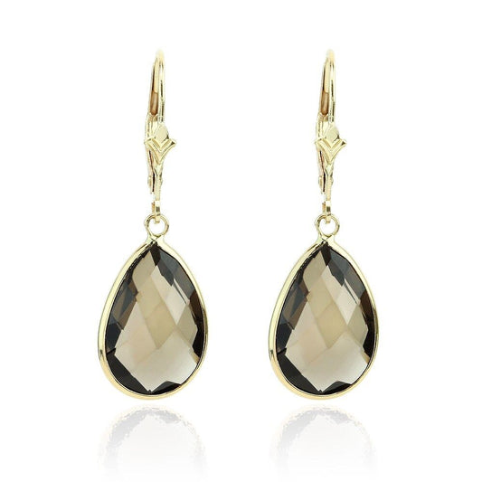 14K Yellow Gold Gemstone Earrings With Dangling Pear Shaped Smoky Topaz