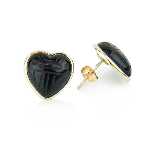 14K Yellow Gold Heart Shaped Stud Earrings With Black Onyx Scarab